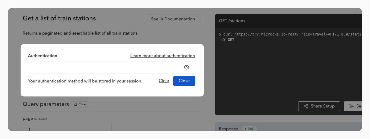 Image of the authentication module of the API Explorer